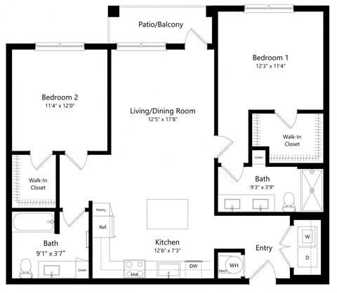 Floor plan for 2 beds, 2 baths, 1041 sqft